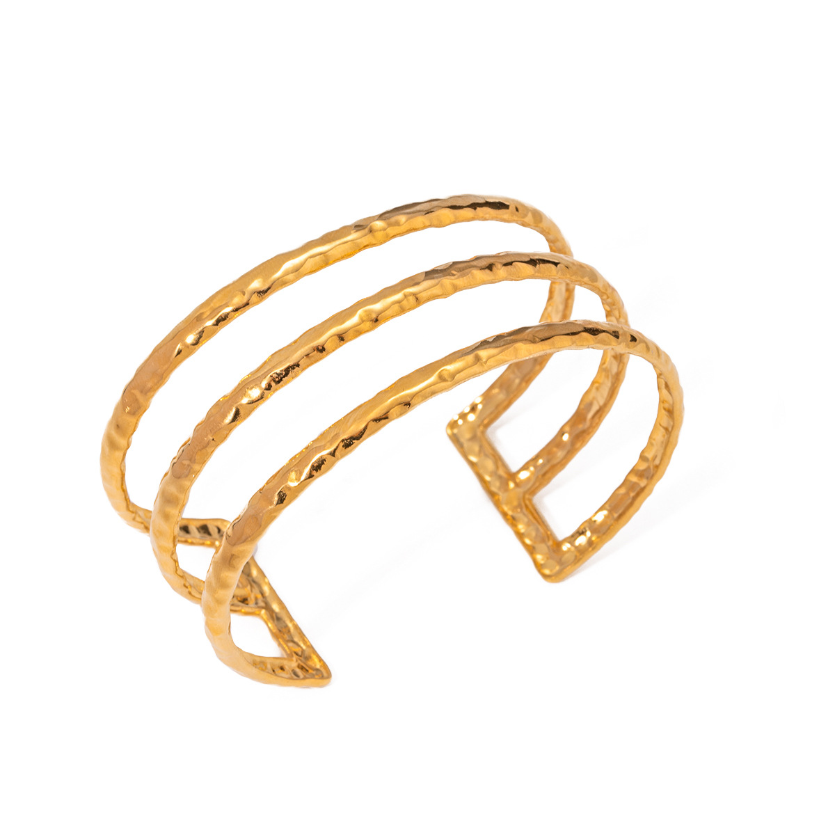 18K Gold Stainless Steel Three-Layer Hammered Pattern Open-Ended Bracelet