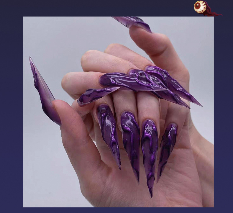 Ongles à coller en 3D avec miroir magique violet d'Halloween - [Pack de 24 pièces extra larges]