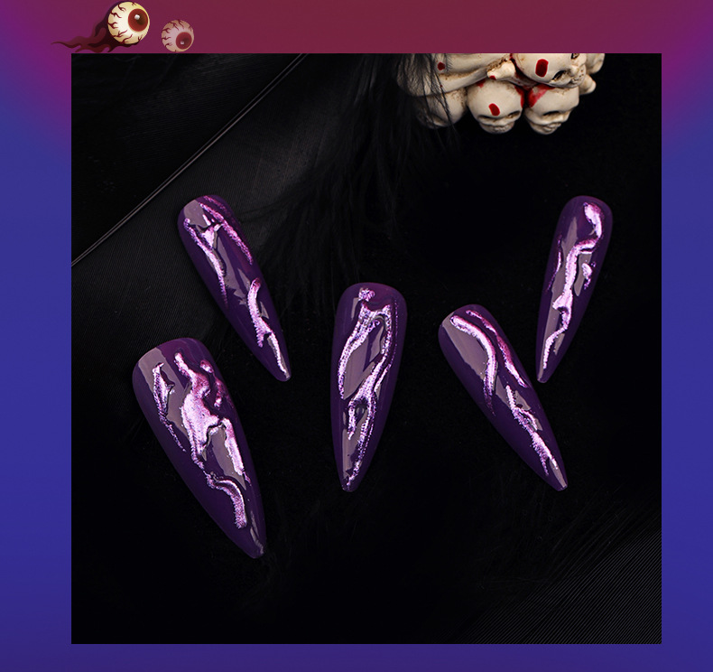 Ongles à coller en 3D avec miroir magique violet d'Halloween - [Pack de 24 pièces extra larges]