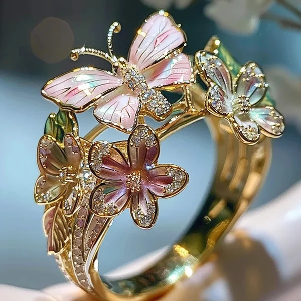 Bague ouverte pour femme avec fleur de papillon