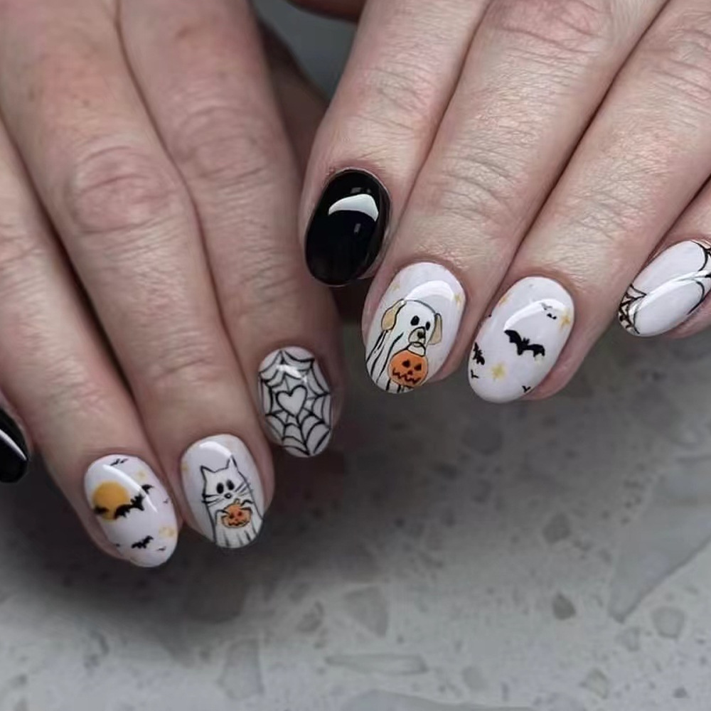 Halloween Black and White Contrast Color Cobweb PRESS-ON NAILS