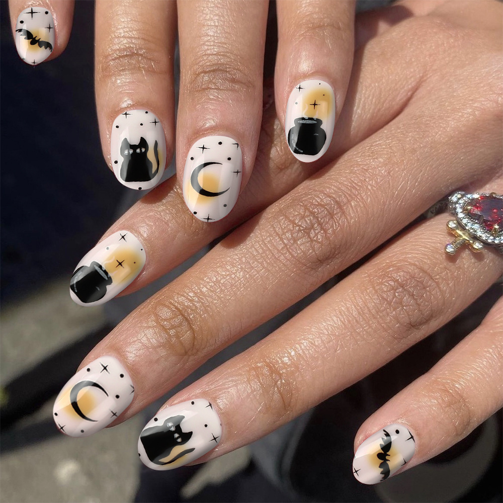 Halloween Black Cat Bat Moon press-on nails