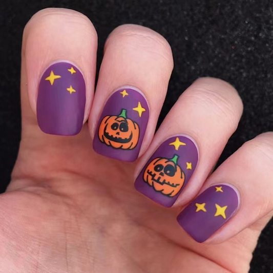 Ongles autocollants citrouilles violettes et mignonnes pour Halloween