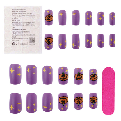 Ongles autocollants citrouilles violettes et mignonnes pour Halloween