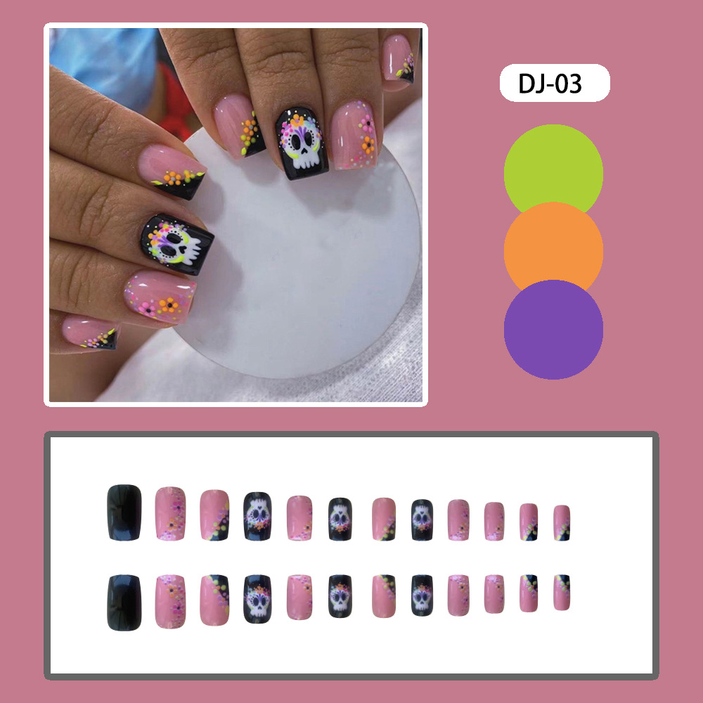 Ongles autocollants à pois et fleurs colorées pour Halloween