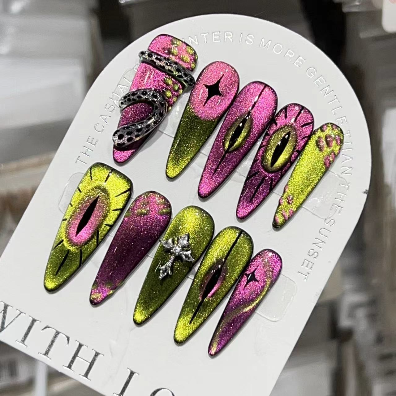 Handmade and Hand-Painted Cat Eye Press-on Nails