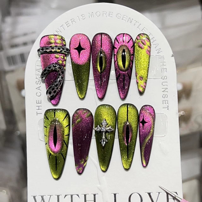 Handmade and Hand-Painted Cat Eye Press-on Nails