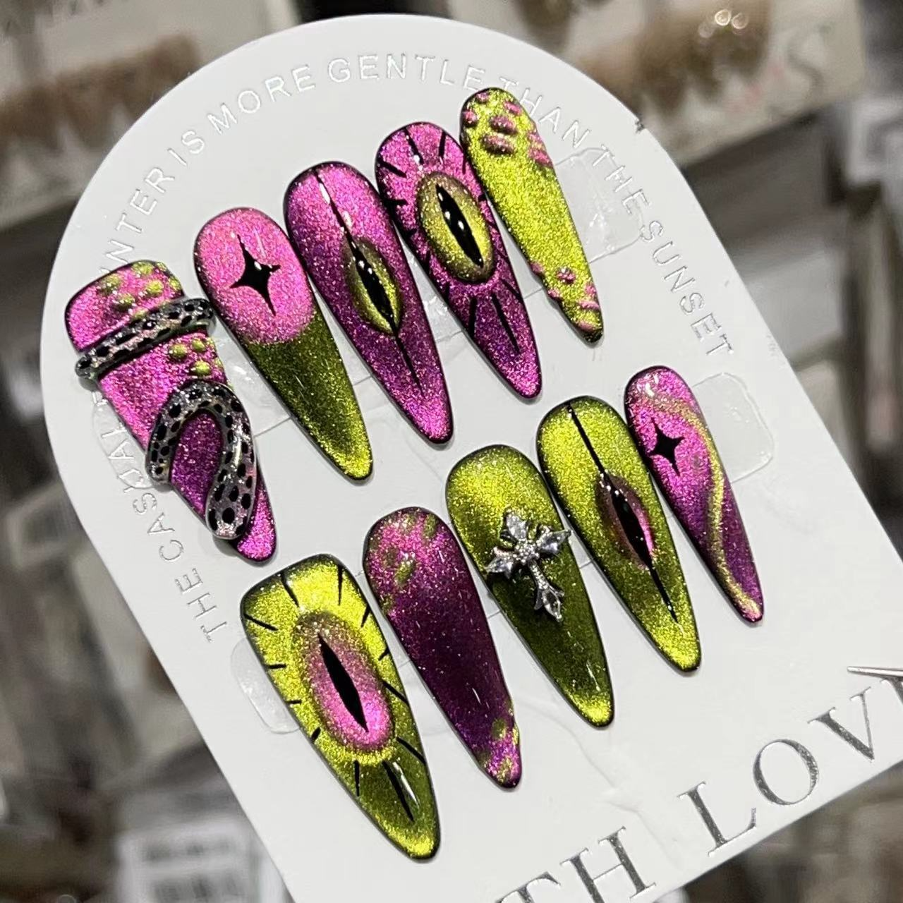 Handmade and Hand-Painted Cat Eye Press-on Nails