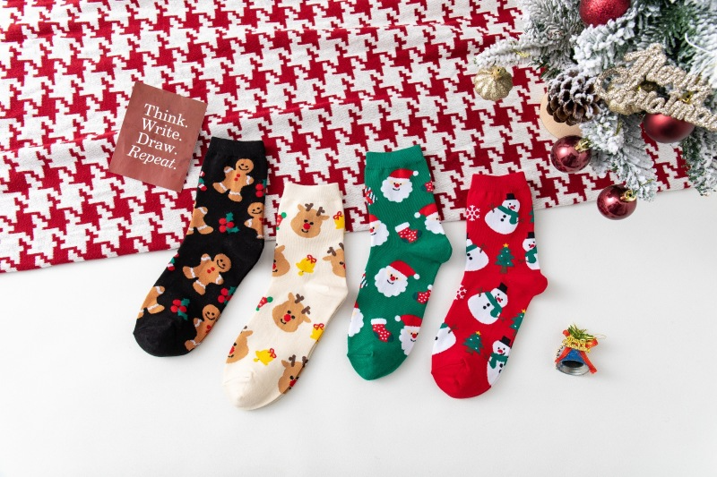 Christmas David's Deer Snowman Gingerbread Man Female Middle Tube Socks