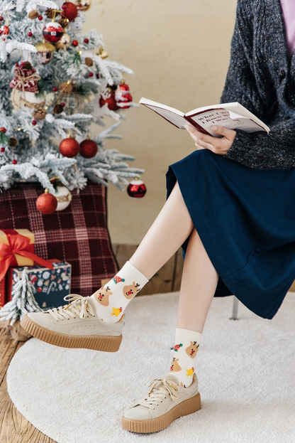 Chaussettes tube moyennes pour femme avec bonhomme de neige et cerf de David de Noël