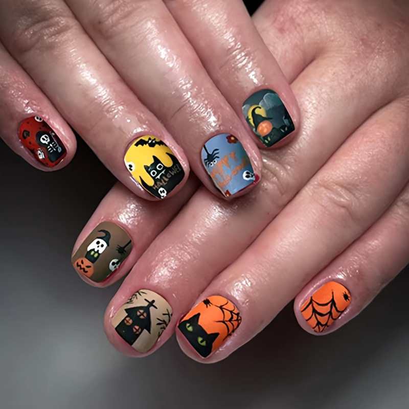 Ongles autocollants en toile d'araignée et citrouille fantôme pour Halloween